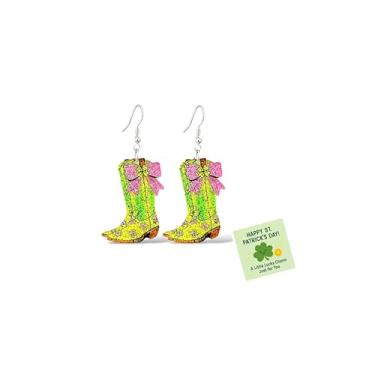 Imagem de Brincos de Dia de São Patrício, brincos de trevo de laço de glitter verde com cartão de presente, brincos irlandeses de acrílico para mulheres, acessórios para o dia de São Patrício, camisola, suéter