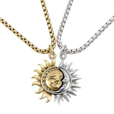 Imagem de LANWLOSI Conjunto de colares de sol e lua para mulheres homens retrô sol e lua combinando colares com pingente assimétrico solar lunar brincos de argola única meia joia presentes para casal BFF, Zinco