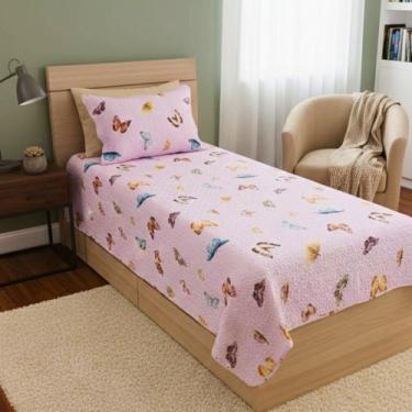 Imagem de Colcha Cobre leito Infantil 2 Peças Dupla Face Estampada Cor:Borboleta