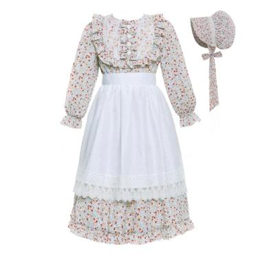 Imagem de Vibsion Fantasia De Pioneira Para Meninas, Vestido Peregrina, Floral, Colonial, Conjunto Avental E Touca, 3 Peças, Tamanho G