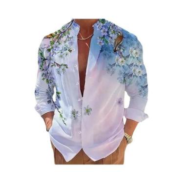 Imagem de Camisa Masculina De Manga Longa Com Estampa 3D De Flores, Moda Casual,
