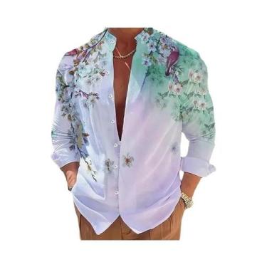Imagem de Camisa Masculina De Manga Longa Com Estampa 3D De Flores, Moda Casual,
