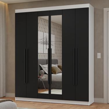 Imagem de Guarda Roupa Casal Netuno 6 Portas Batentes 4 Gavetas MDP com Espelho Branco-preto