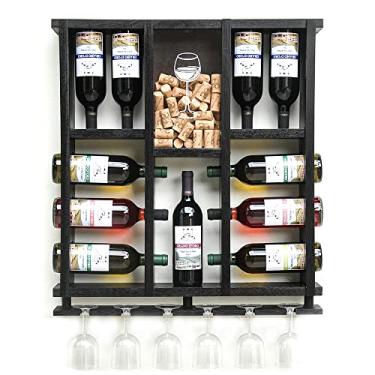 Imagem de Adega de Parede em Madeira Maciça para 11 garrafas de Vinho com Porta Rolhas e Taças - Nogueira
