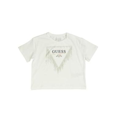 Imagem de GUESS Camiseta feminina de algodão orgânico manga curta com logotipo triangular de strass, Branco puro, 16 Anos