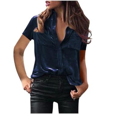 Imagem de Camisetas femininas gola alta de veludo camiseta feminina manga curta cardigã outono inverno 2024, B-760 azul-marinho, P