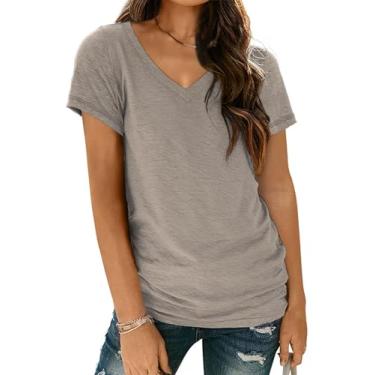 Imagem de AUTOMET Camisetas de manga curta com gola V para mulheres, blusas modernas, leves, macias, casuais, roupas de verão 2024, Cinza café, P