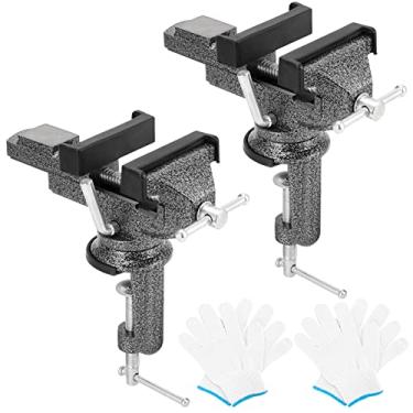 Imagem de KOHAND Pacote com 2 Tornos de mesa universais de 7,6 cm, braçadeira de base giratória de 360°, mini banco de trabalho portátil com juntas de borracha e luvas para marcenaria, conduítes de corte