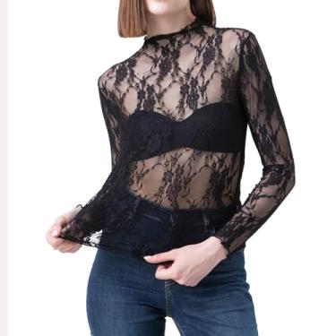 Imagem de DASIUIP Blusas femininas de renda sexy de malha de manga comprida, blusas florais transparentes, roupas para sair, Preto, G