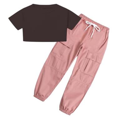 Imagem de SANGTREE Conjunto de 2 peças para meninas, camiseta e calça cargo com cordão, 4 a 14 anos, Preto + rosa, X-Large