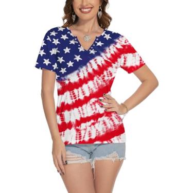 Imagem de TMSD Camiseta feminina de 4 de julho Dia da Independência gola V manga curta Memorial Day Ring Hole, Listra e bandeira, GG