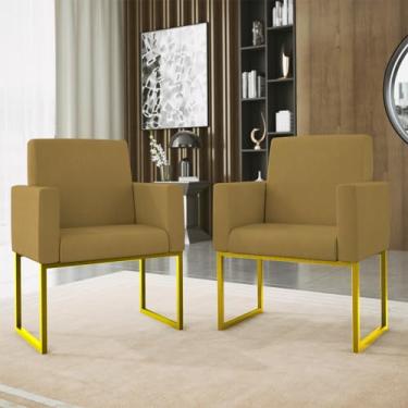 Imagem de Kit 2 Poltrona Cadeira Decorativa Recepção Base Ferro Dourado Preto (Capuccino)