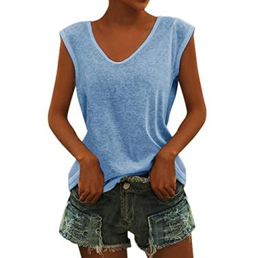Imagem de Camisetas femininas de manga cavada, gola V, regata de verão, casuais, básicas, camisetas soltas, M-GGG, Azul claro, G