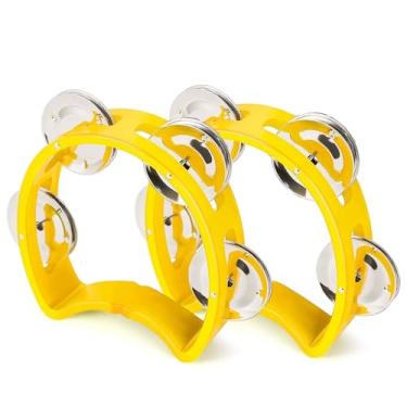 Imagem de Flexzion Pandeiro de meio círculo instrumento de percussão portátil mini pandeiros de plástico meia lua instrumentos musicais em forma de D, pandeiro não profissional, pacote com 2, amarelo
