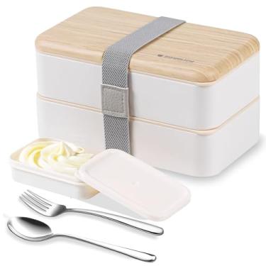 Imagem de merendeira Lancheiras Original Bento Box Divisor de Pacote Estilo Japonês com colher e garfo de utensílios de aço inoxidável (Branco)