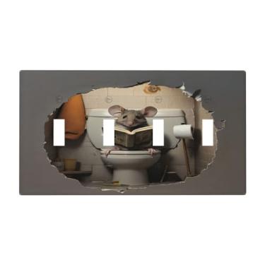 Imagem de Xuejiaku Capa de interruptor de luz mouse sentado no vaso sanitário no orifício do mouse, capas de placa de interruptor de 4 grupos, placas de parede com interruptor quádruplo placa decorativa para