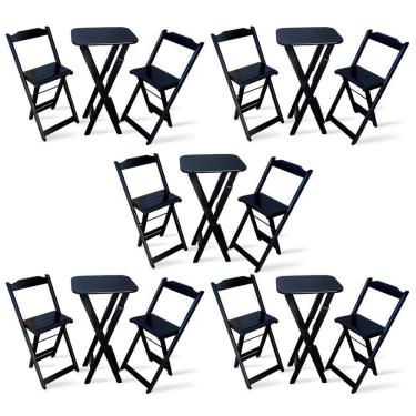 Imagem de Kit De 5 Conjuntos Dobrável Bistrô Preto De Mesa Com 2 Cadeiras - Cor: Preto