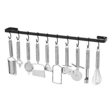 Imagem de Porta Utensílios E Talheres De Parede 60Cm 10 Ganchos Preto - Metalcro