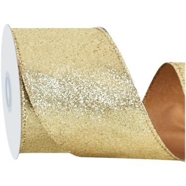 Imagem de RIBBOOO Fita de glitter dourada champanhe, fita de tecido com borda brilhante com fio de 6 cm e 10 metros para artesanato, laço de guirlanda, embrulho de presente, decoração de festa de Natal