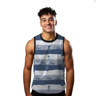 Imagem de Camiseta Regata Verão Estilo Moda Praia Listras Flores Azul Cartoon 15