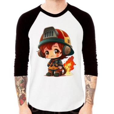 Imagem de Camiseta Raglan Bombeiro Mirim Manga 3/4 - Foca na Moda, Branco, Preto