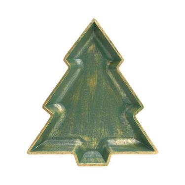 Imagem de Prato Decorativo de Madeira - Pinheiro - Verde/Ouro - 30cm - 1 unidade
