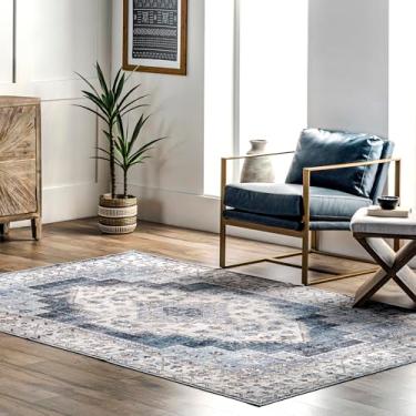 Imagem de nuLOOM Tapete de medalhão lavável na máquina Dania, 1,5 m x 2,4 m, azul marinho