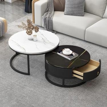 Imagem de Conjunto de 2 mesas de centro redondas, conjunto de mesa lateral com armazenamento de gaveta, mesa de sofá com textura de mármore ardósia, moldura de metal, mesa de chá moderna para quarto, sala de