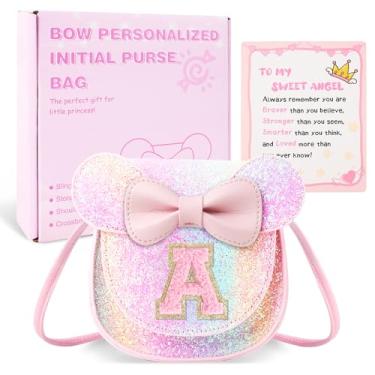 Imagem de izuzta Bolsa infantil para crianças 1 2 3 4 5 6 7 8 anos de idade bonito mouse orelha laço bolsa transversal presente de aniversário, Bolsa pequena/brilhante/letra rosa, A, A