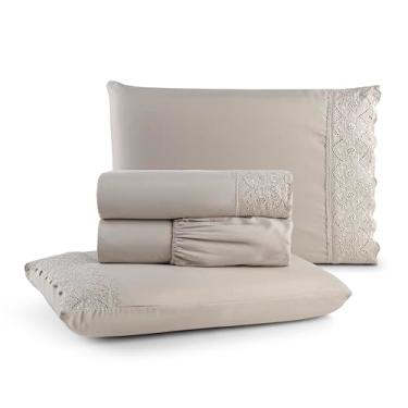 Imagem de Jogo de Lençol Queen 4 Peças Napoli Percal 300 Fios Lese Bordado Inglês (Fendi)