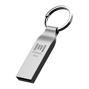 Imagem de MOSDART Flash drive USB 2.0 à prova d'água de 32 GB, cartão de memória de metal FAT32 com chaveiro, para sistema traseiro, armazenamento de dados, prata