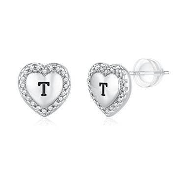 Imagem de Brincos de coração com inicial para meninas, prata esterlina S925, hipoalergênicos, banhado a ouro rosa, zircônia cúbica, brincos com letra para meninas adolescentes, meninas e crianças, Latão, Zircônia cúbica