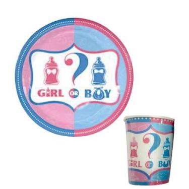 Imagem de KIT 10 Convidados Pratos Copos Papel Chá Revelação Menina Menino Festa