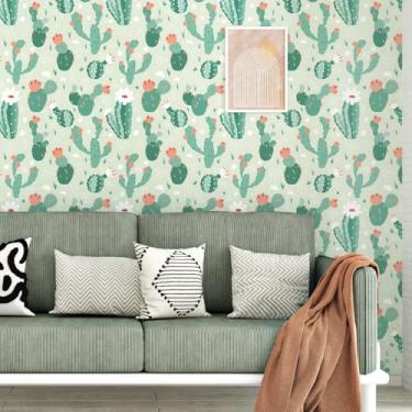 Imagem de Mangoloo Papel de parede floral de cacto papel de parede floral boho papel de contato verde para armários amigável ao locatário autoadesivo removível floresta fazenda crianças prateleira de quarto