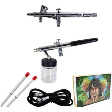 Imagem de Kit 02 aerografo gravidade 0.2 0.3 + aerografo sucção dupla ação 0.35 