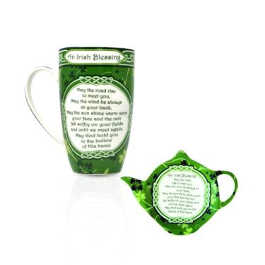 Imagem de Royal Tara Conjunto de canecas de cerâmica Irish Blessing Cups - Conjunto de suportes de saquinhos de chá, May the Road Rise... Bone China Utensílios de cozinha Presente de chá de café Presente de