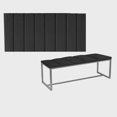 Imagem de Kit Painel Carla e Calçadeira Industrial 160cm Queen Size Box Ferro Prata Suede Preto - Ahz Móveis