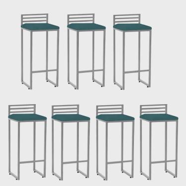 Imagem de Kit 07 Banqueta Alta Com Encosto Núria Balcão Bar Cozinha Bistrô Ferro Prata Suede Azul Turquesa - Ahz Móveis