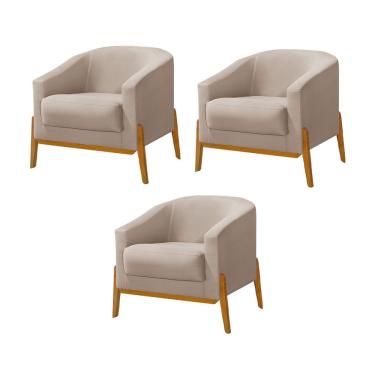 Imagem de Kit 3 Poltronas Living Base em Madeira Maciça Flórida Veludo Bege