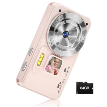 Imagem de Câmera digital, foco automático 4K 64 MP apontar e fotografar câmeras digitais para adolescentes com cartão de 64 GB, câmera de vídeo compacta antivibração com zoom 18X para estudantes, crianças,