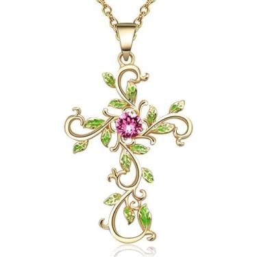 Imagem de Colar elegante com pingente de cruz de folha verde para mulheres, pingente de cristal rosa, folhas de árvore, crucifixo, corrente de elos ajustáveis, joia delicada para Natal, 45,7 cm, Medium, Metal