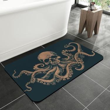 Imagem de Tapetes de banheiro vintage de polvo, tapete de banho absorvente de secagem rápida, tapete de chuveiro macio e fácil de limpar para banheiro, banheira e chuveiro, lavável na máquina, 40 cm x 60 cm