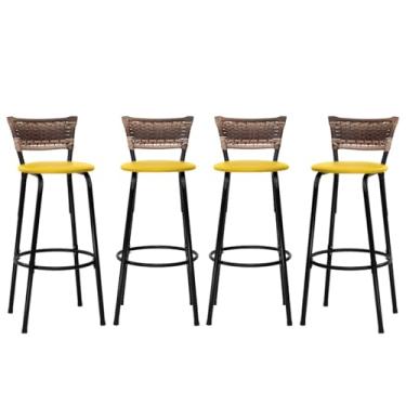 Imagem de Banqueta Altas Junco Cappuccino Estrutura Preta 70cm Para Balcão Cozinha, Bar, Bistrô, Americano Kit 04 Unidades - Itagold (Amarelo)