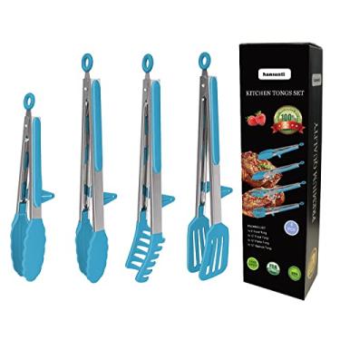 Imagem de Conjunto de 4 pinças de silicone para cozinha, pegador de alimentos antiaderente de aço inoxidável com pontas de silicone livres de BPA para servir macarrão espaguete bife torta pizza salada legumes frutas grelhar churrasco buffet 22,86 cm e 30,48 cm