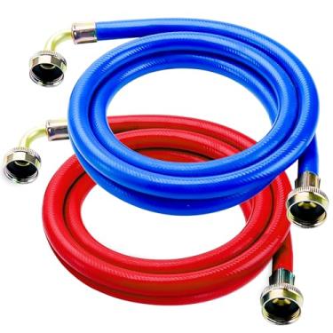 Imagem de Mangueiras de borracha para máquina de lavar de 1,8 m com cotovelos de 90 graus, à prova de explosão, pacote com 2 para água quente e fria, conexão NPT de 0,9 cm, linhas de abastecimento de água da