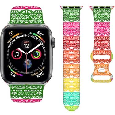 Imagem de Pulseiras coloridas com tema mexicano compatível com Apple Watch de 42 mm, 44 mm, 45 mm e 49 mm, pulseira de silicone compatível com Apple Watch Ultra Series SE 9, 8, 7, 6, 5, 4, 3, 2 e 1, para