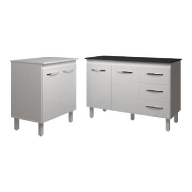 Imagem de Mobília Decor, Balcão Para Microondas ou Forno Branco e Armário Bruna 118 cm Cozinha Gabinete Branco com Tampo Tampão Preto