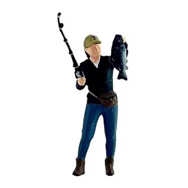Imagem de simhoa 1/64 escala do pescador masculino Figura Pessoas minúsculas Modelo de arte Mini decoração foto aderendes cenas de romance caráter de pesca ornamental, com Peixe