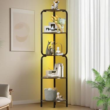 Imagem de szrisi Prateleira de canto de 5 camadas com luz LED, estante preta estreita para canto de parede, sala de estar, quarto, moldura de metal, prateleira de madeira