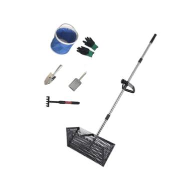 Imagem de IEUDNS Ancinho de areia, cesta larga, peneira, sem dobra, premium, multifuncional, cabo telescópico, peneiramento pesado, pá profunda com luvas, Preto